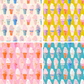 Pattern of colorful ice cream cones on a grid with four different color backgrounds.