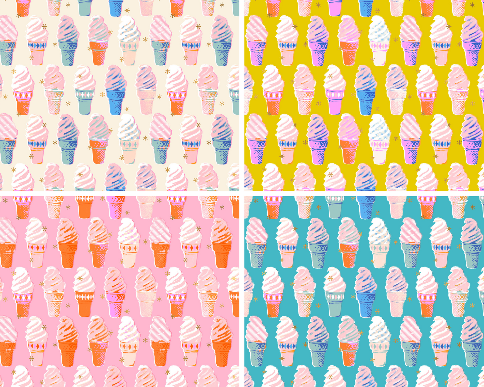Pattern of colorful ice cream cones on a grid with four different color backgrounds.
