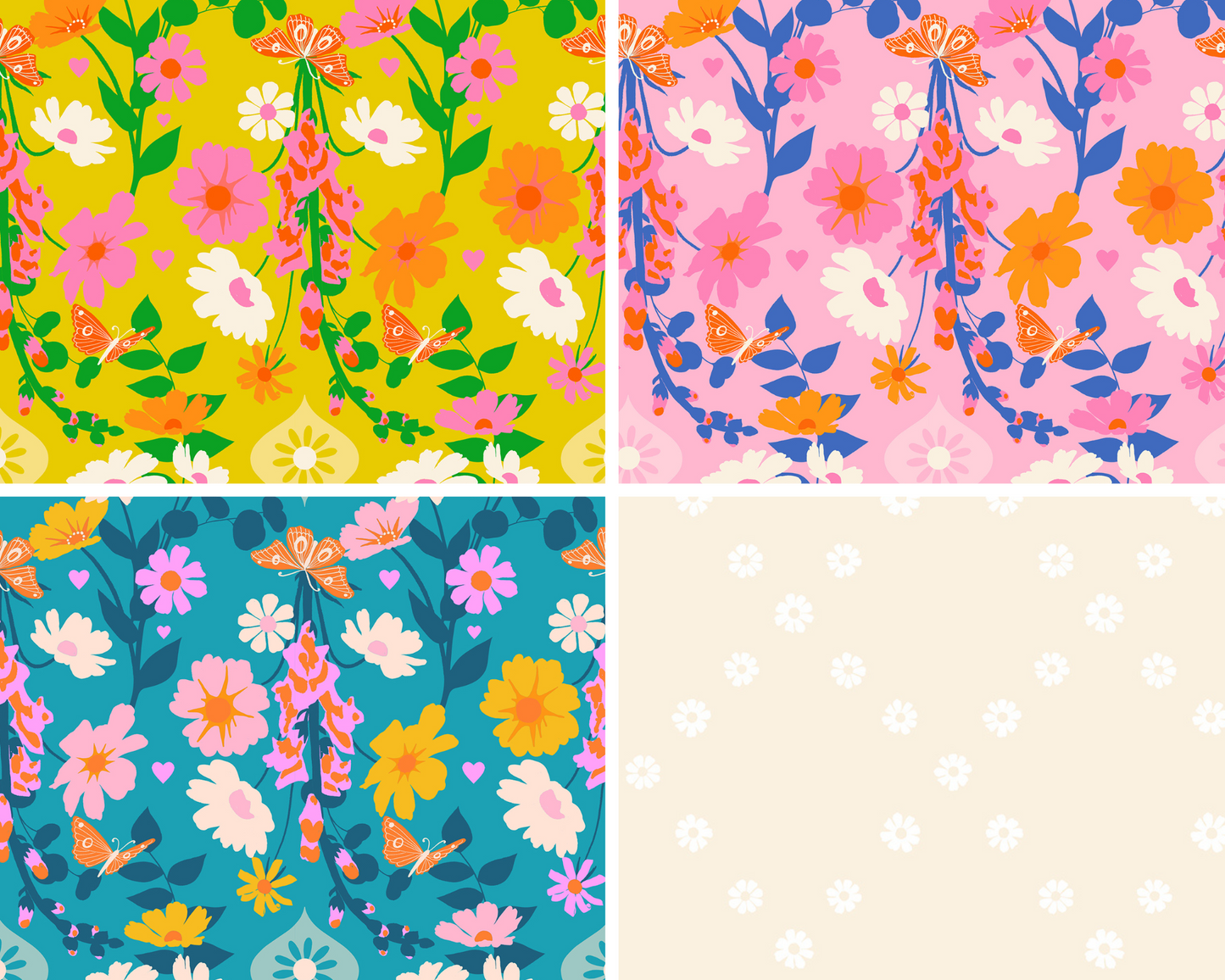 Four floral patterns in different colors and styles.