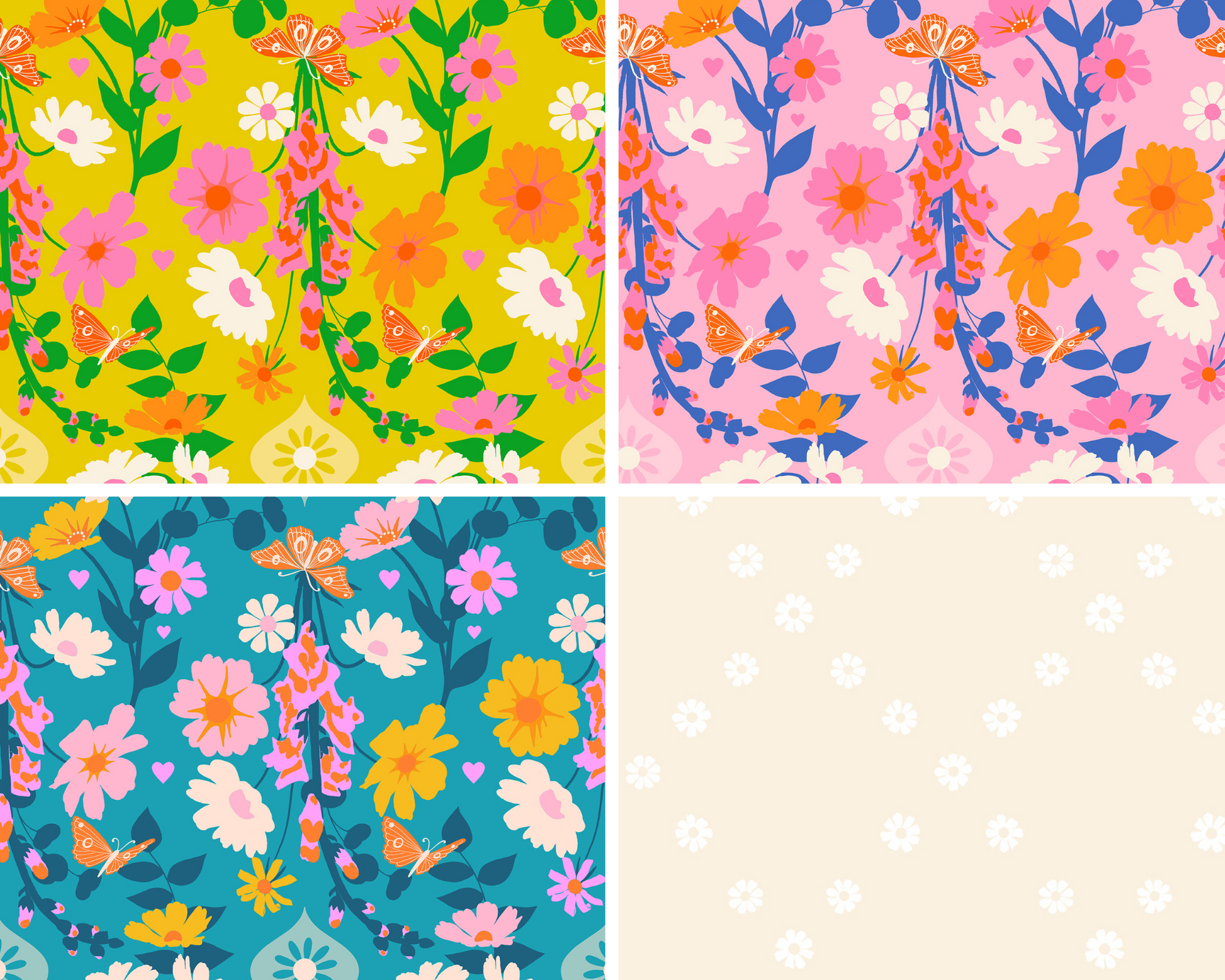 Four floral patterns in different colors and styles.
