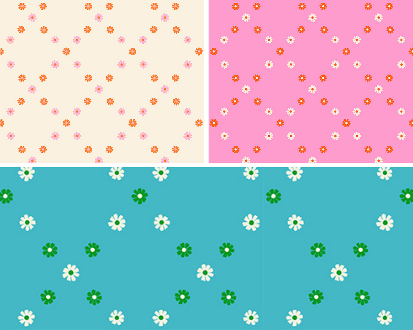 Three different patterns of flowers on a grid background.