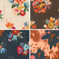 Four fabric swatches with large florals in white, brown, and blue.