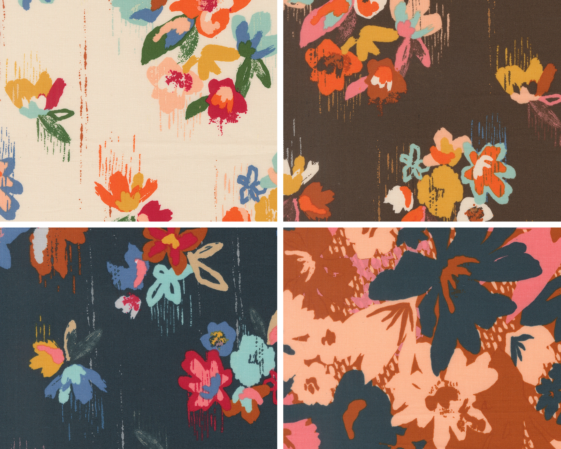 Four fabric swatches with large florals in white, brown, and blue.