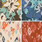 Two fabric swatches with large florals in brown and blue. Two fabric swatches with large geometric prints in white and red.