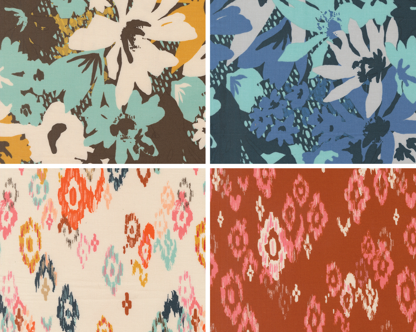 Two fabric swatches with large florals in brown and blue. Two fabric swatches with large geometric prints in white and red.