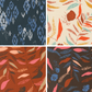 One blue fabric swatch with geometric designs. Three fabric swatch with plant foliage in white, red, and brown.