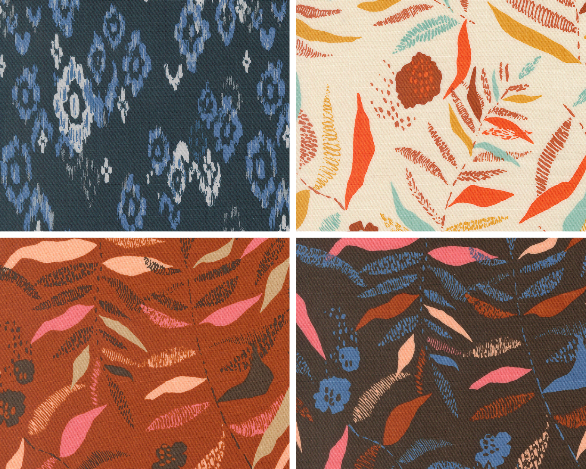 One blue fabric swatch with geometric designs. Three fabric swatch with plant foliage in white, red, and brown.