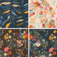 One fabric swatch with large plant foliage on blue. Three fabric swatches with a toss of different florals in white, brown, and blue.