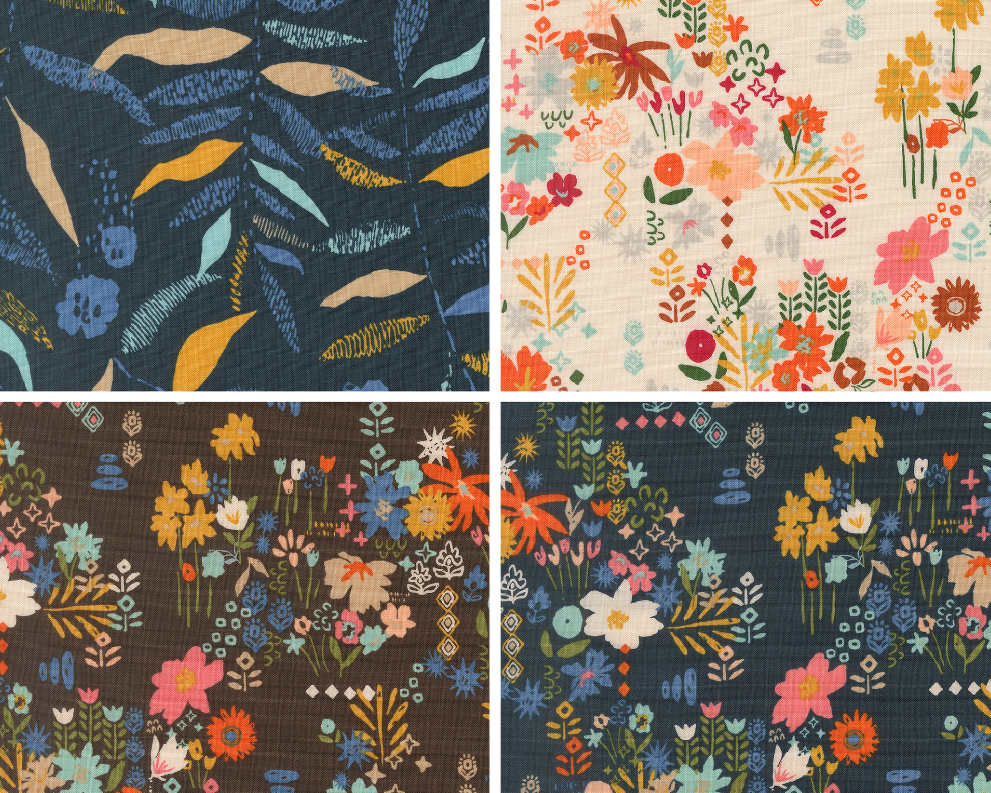 One fabric swatch with large plant foliage on blue. Three fabric swatches with a toss of different florals in white, brown, and blue.