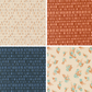Three fabric swatches with geometric rows in cream, red, and blue. One fabric swatch in cream with dainty florals.