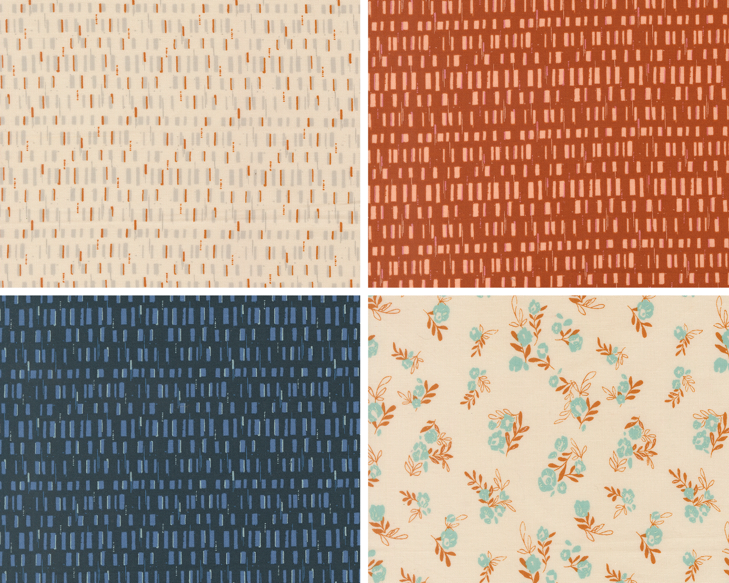 Three fabric swatches with geometric rows in cream, red, and blue. One fabric swatch in cream with dainty florals.