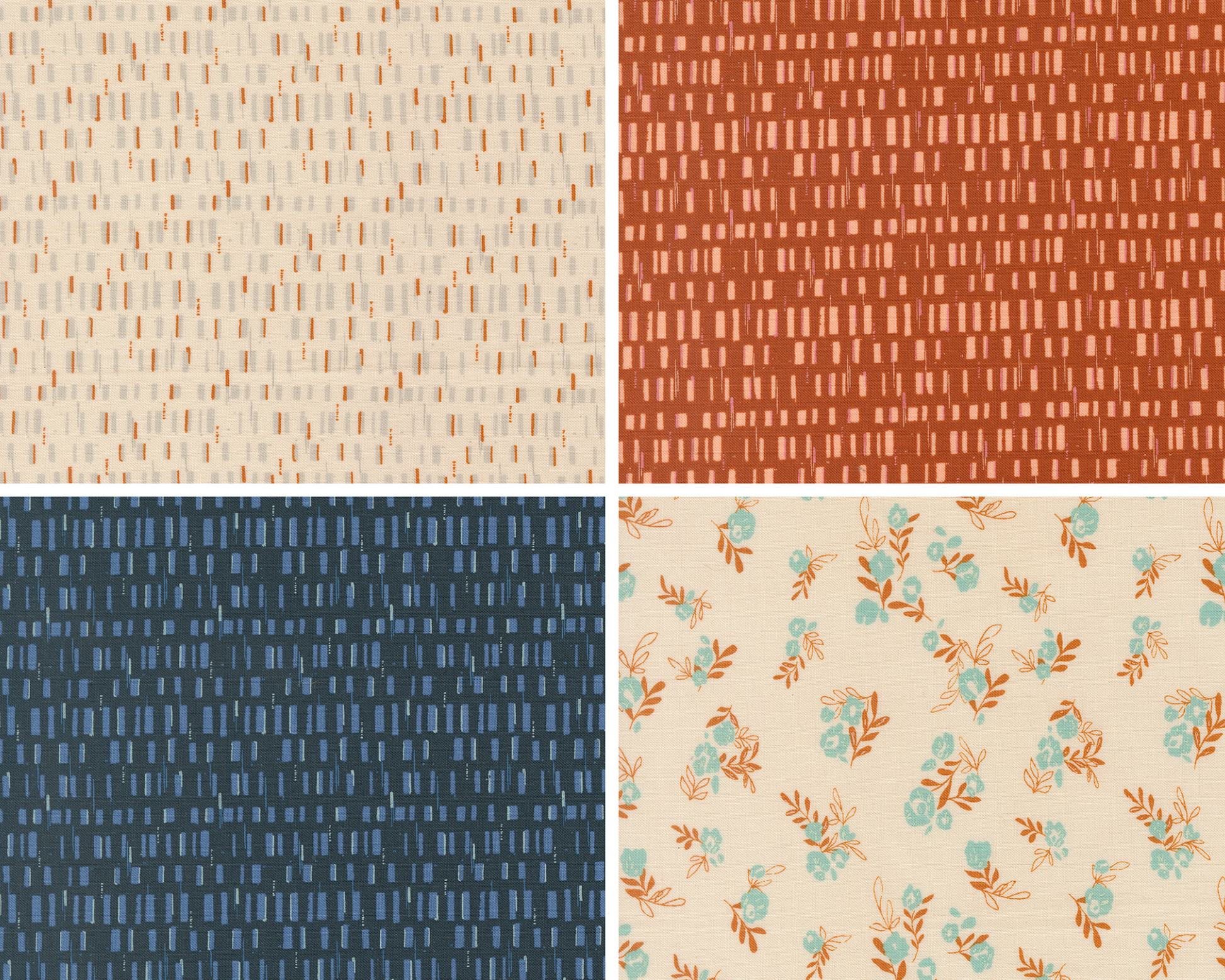 Three fabric swatches with geometric rows in cream, red, and blue. One fabric swatch in cream with dainty florals.