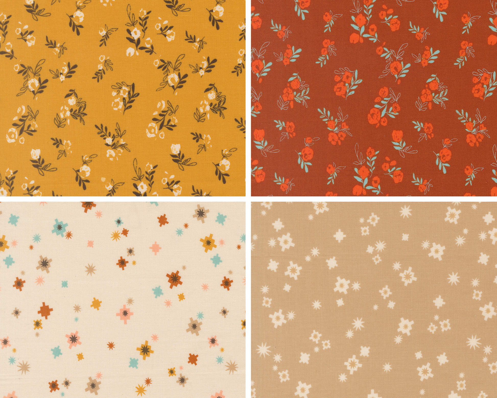Four fabric swatches. Two in yellow and red with florals and two in white and cream with geometric starbursts.