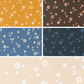 Five fabric swatches with geometric starbursts in yellow, brown, blue, and offwhite.