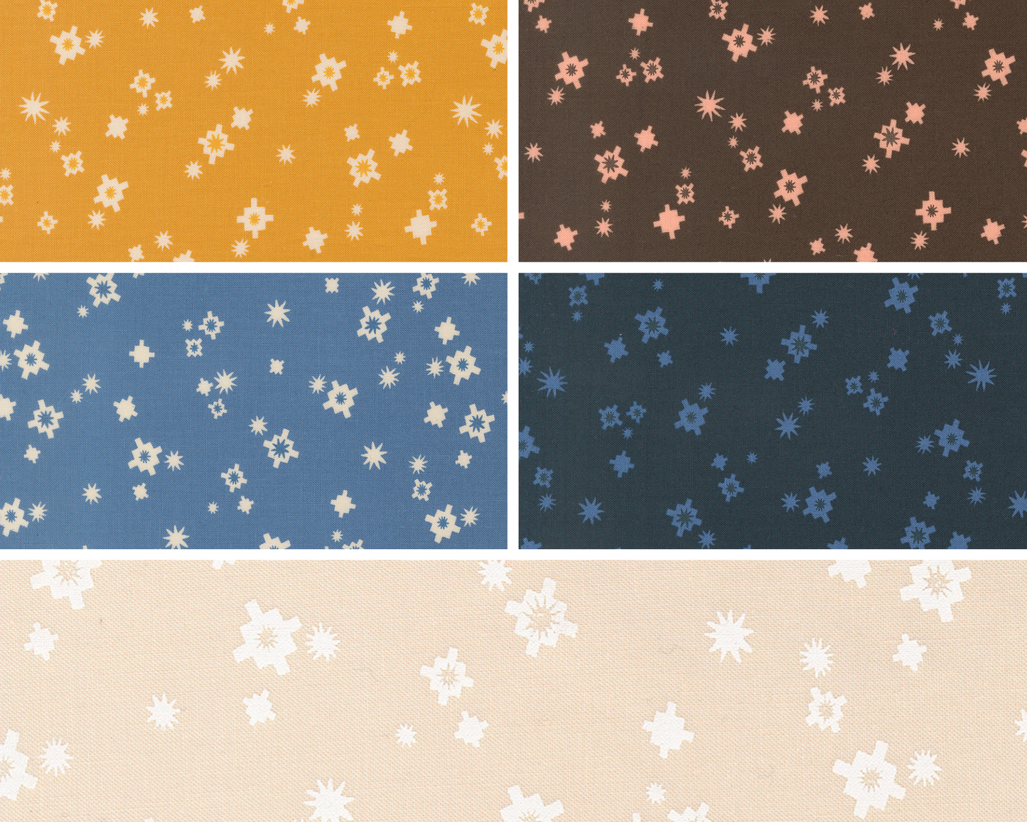 Five fabric swatches with geometric starbursts in yellow, brown, blue, and offwhite.