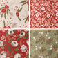 Four fabric swatches of quilting cuddle in floral winter designs. They are white, red, and green.