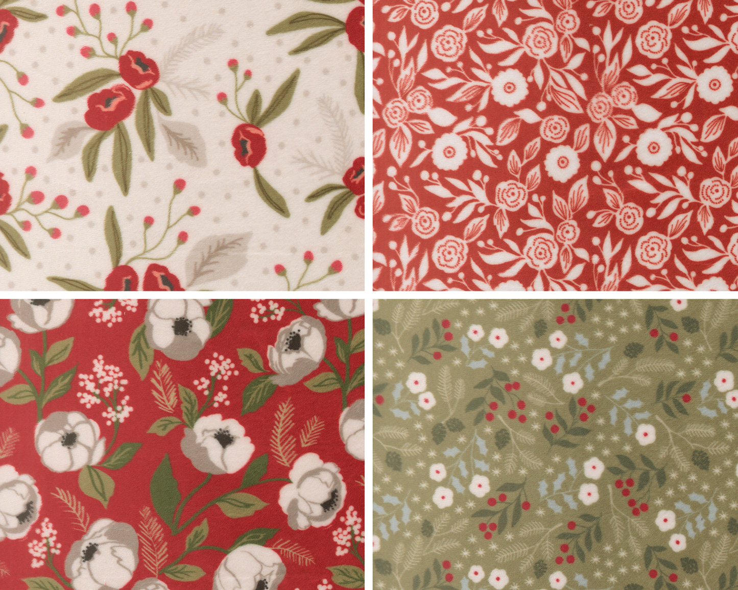 Four fabric swatches of quilting cuddle in floral winter designs. They are white, red, and green.