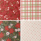 Four fabric swatches in quilting cuddle. The first is red with florals, the second is a red, white, and green plaid. The third is a deep green with florals, and the fourth is a polka dot on white.