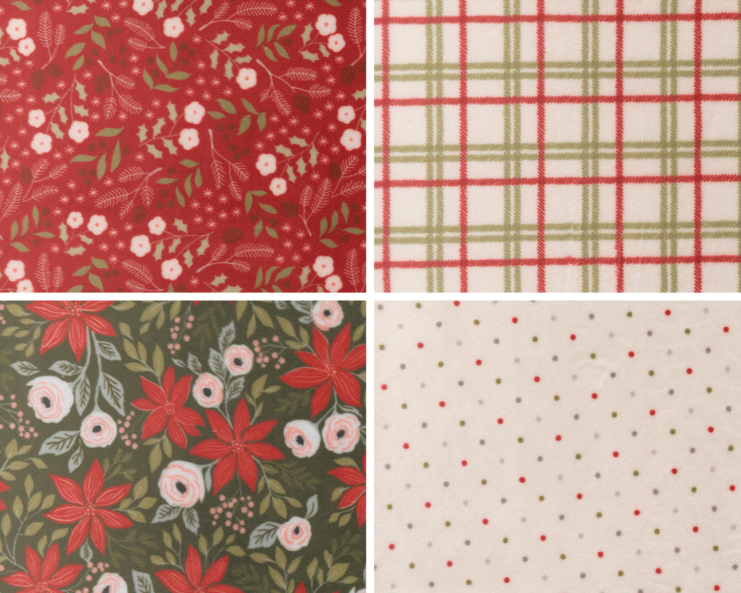 Four fabric swatches in quilting cuddle. The first is red with florals, the second is a red, white, and green plaid. The third is a deep green with florals, and the fourth is a polka dot on white.