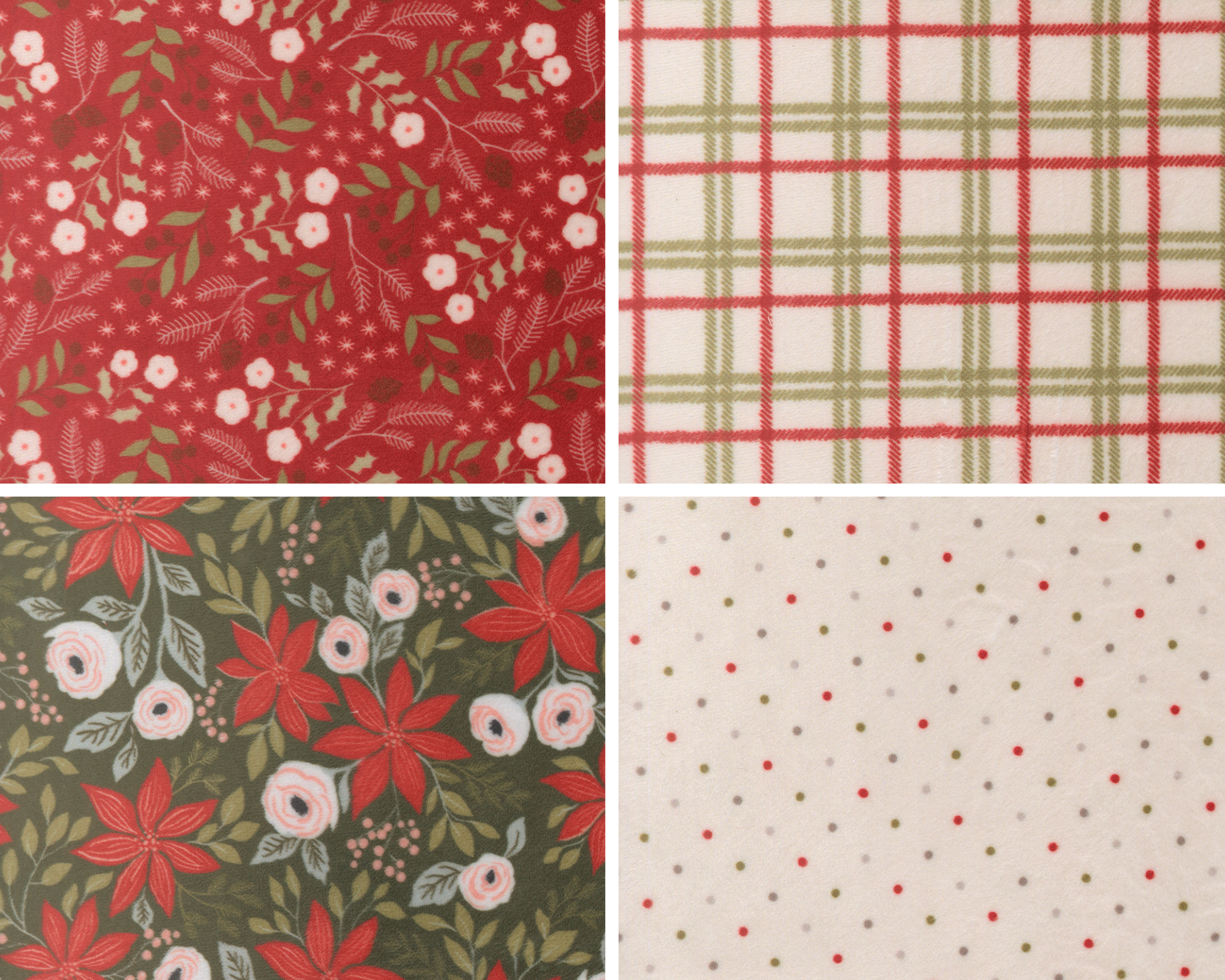 Four fabric swatches in quilting cuddle. The first is red with florals, the second is a red, white, and green plaid. The third is a deep green with florals, and the fourth is a polka dot on white.