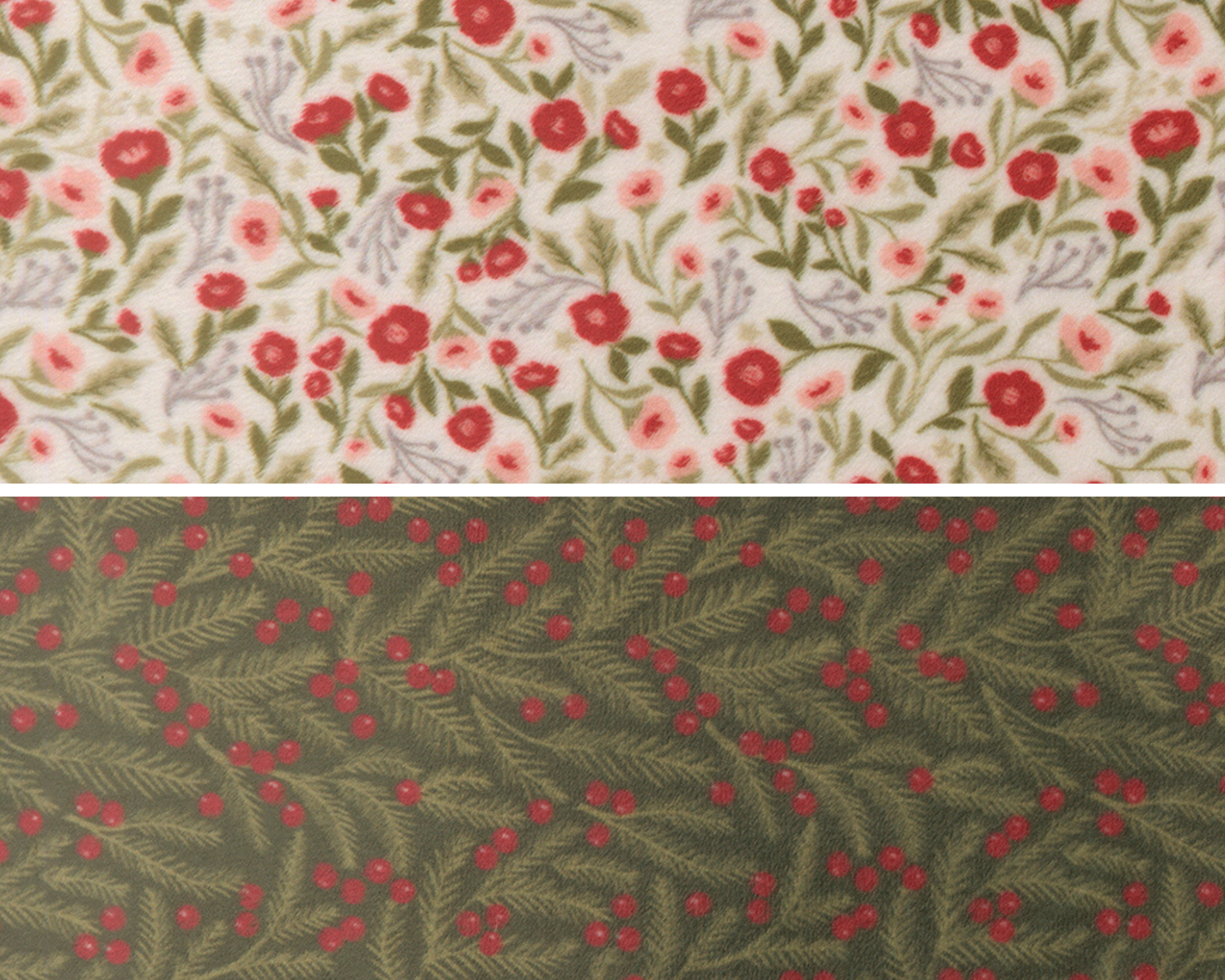 Two fabric swatches of quilting cuddle. The first is a floral on white, and the second is holly on a deep green.