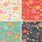 Four floral patterns in different colors and styles.