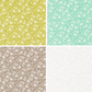Four different floral patterns in green, blue, brown, and white.
