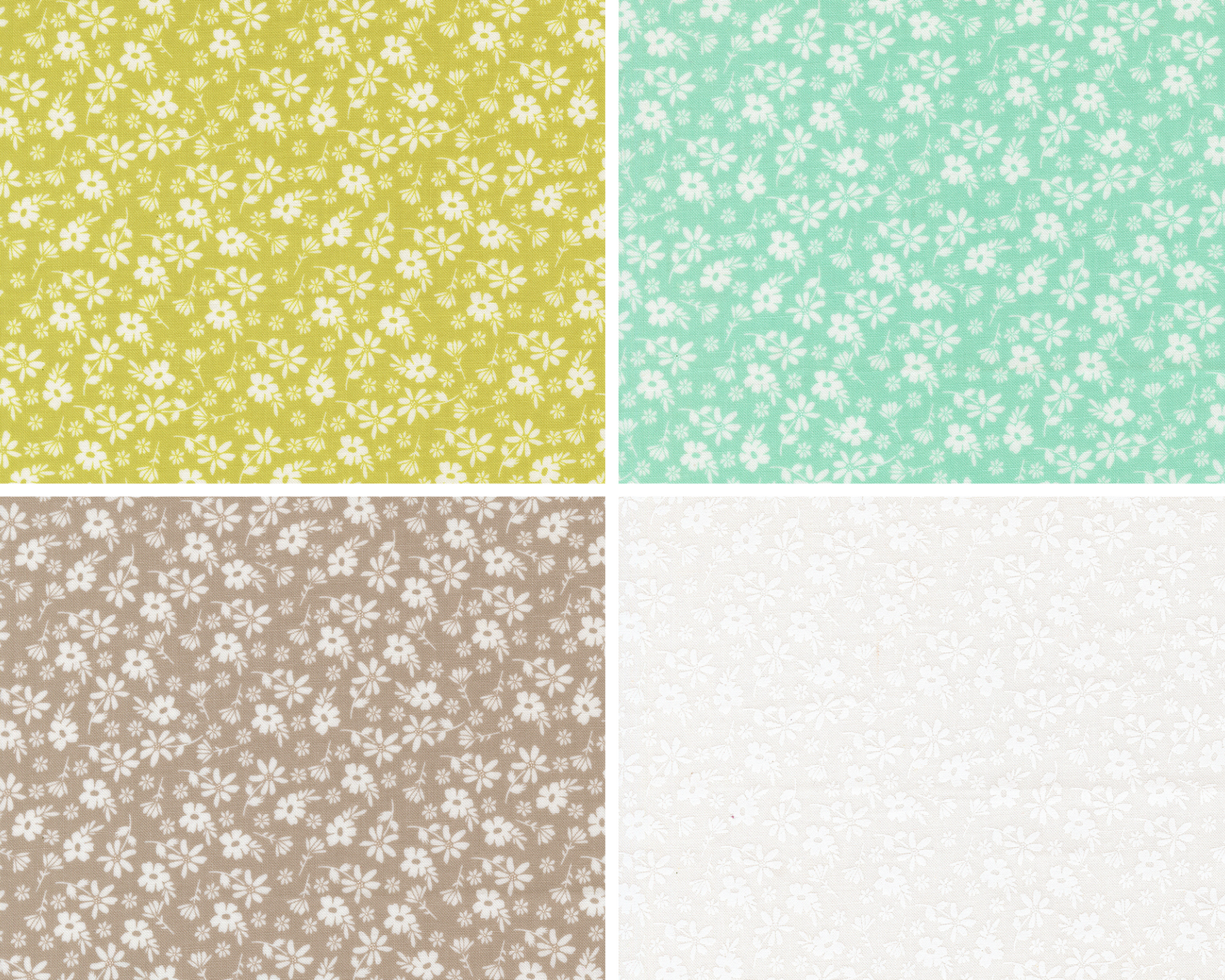 Four different floral patterns in green, blue, brown, and white.