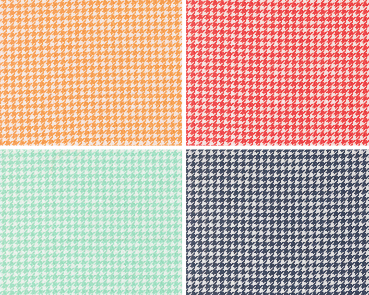 Four different houndstooth patterned fabrics in orange, red, green, and blue.