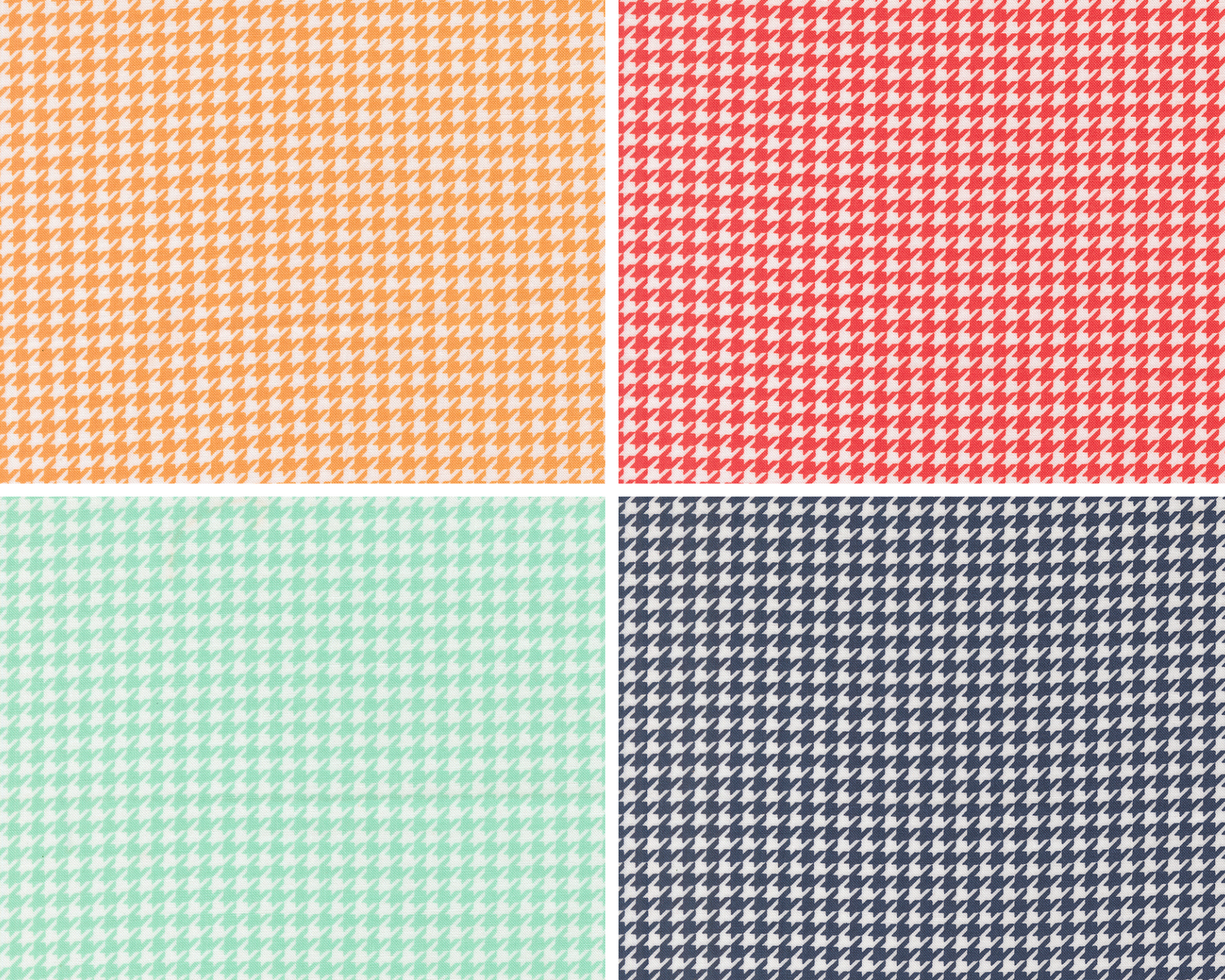 Four different houndstooth patterned fabrics in orange, red, green, and blue.