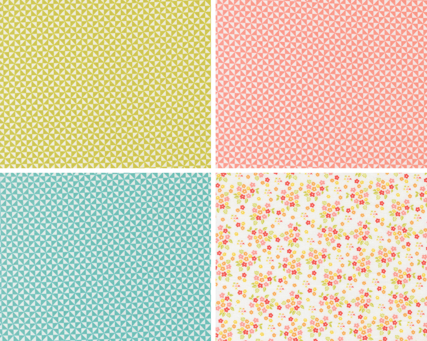 Four different patterns of fabric swatches in pastel colors.