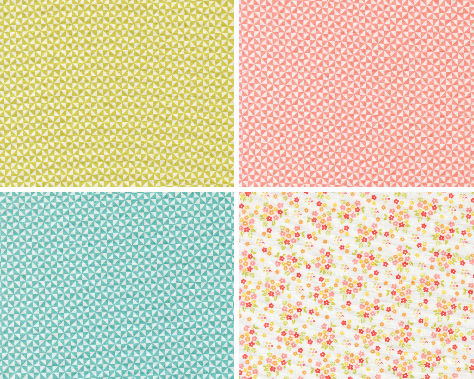 Four different patterns of fabric swatches in pastel colors.