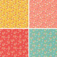 Four different patterns of floral fabric swatches in yellow, pink, red, and blue.