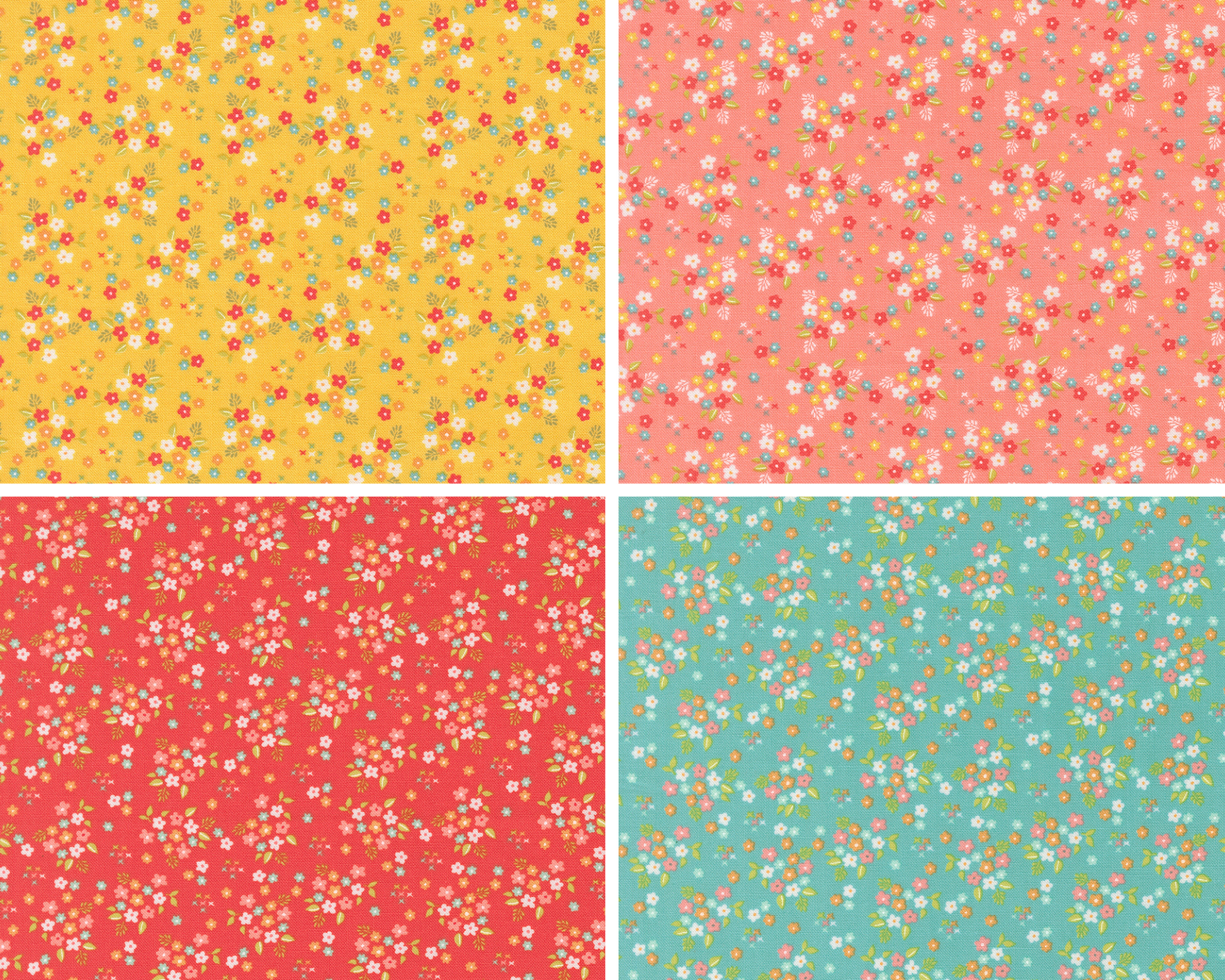 Four different patterns of floral fabric swatches in yellow, pink, red, and blue.