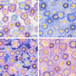 Four cotton fabric swatches with watercolor florals on white, blue, and purple backgrounds.