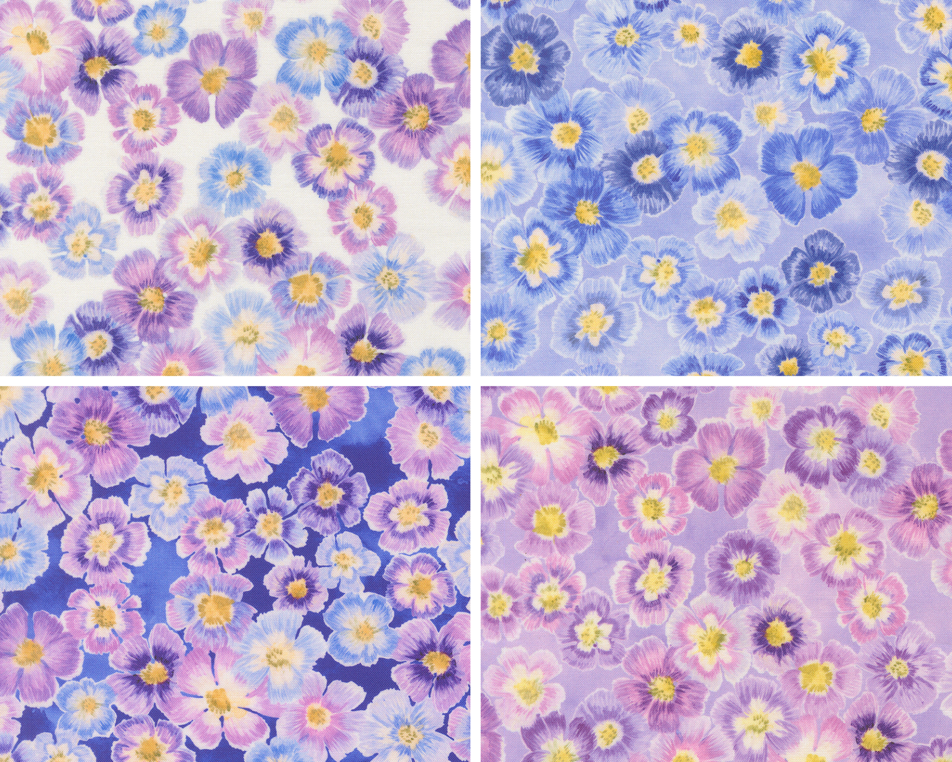 Four cotton fabric swatches with watercolor florals on white, blue, and purple backgrounds.