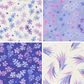 Four different patterns of purple and blue flowers on white and purple backgrounds.