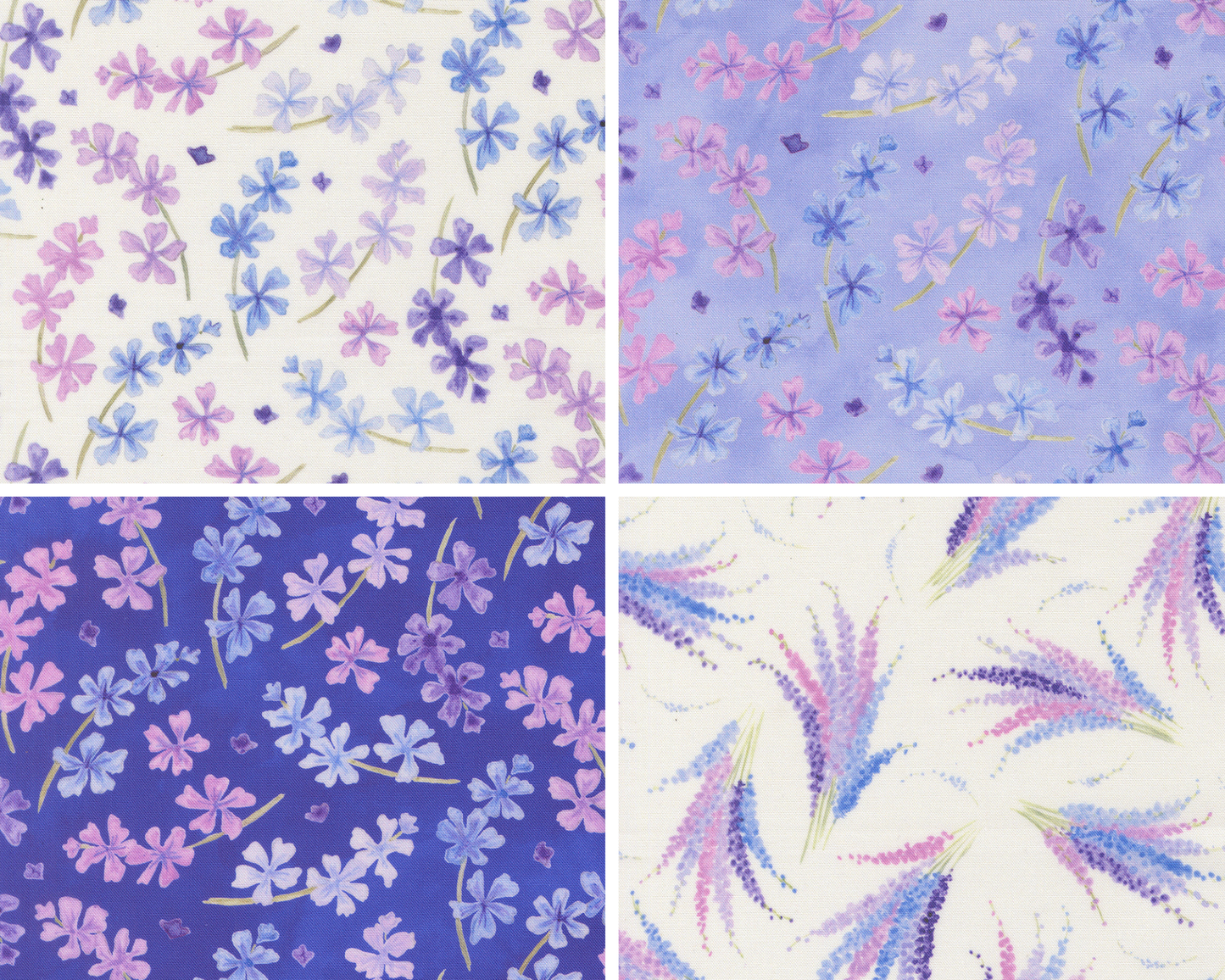 Four different patterns of purple and blue flowers on white and purple backgrounds.
