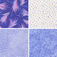 Four different patterns of florals and hearts on blue and white backgrounds.
