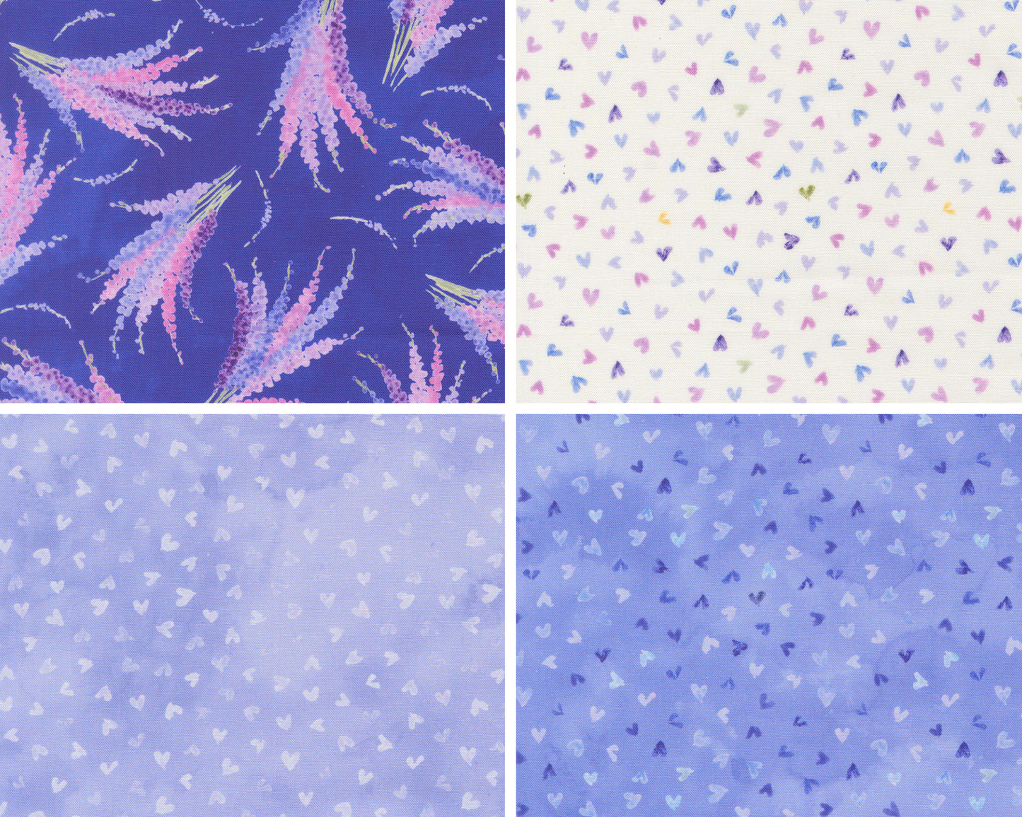 Four different patterns of florals and hearts on blue and white backgrounds.