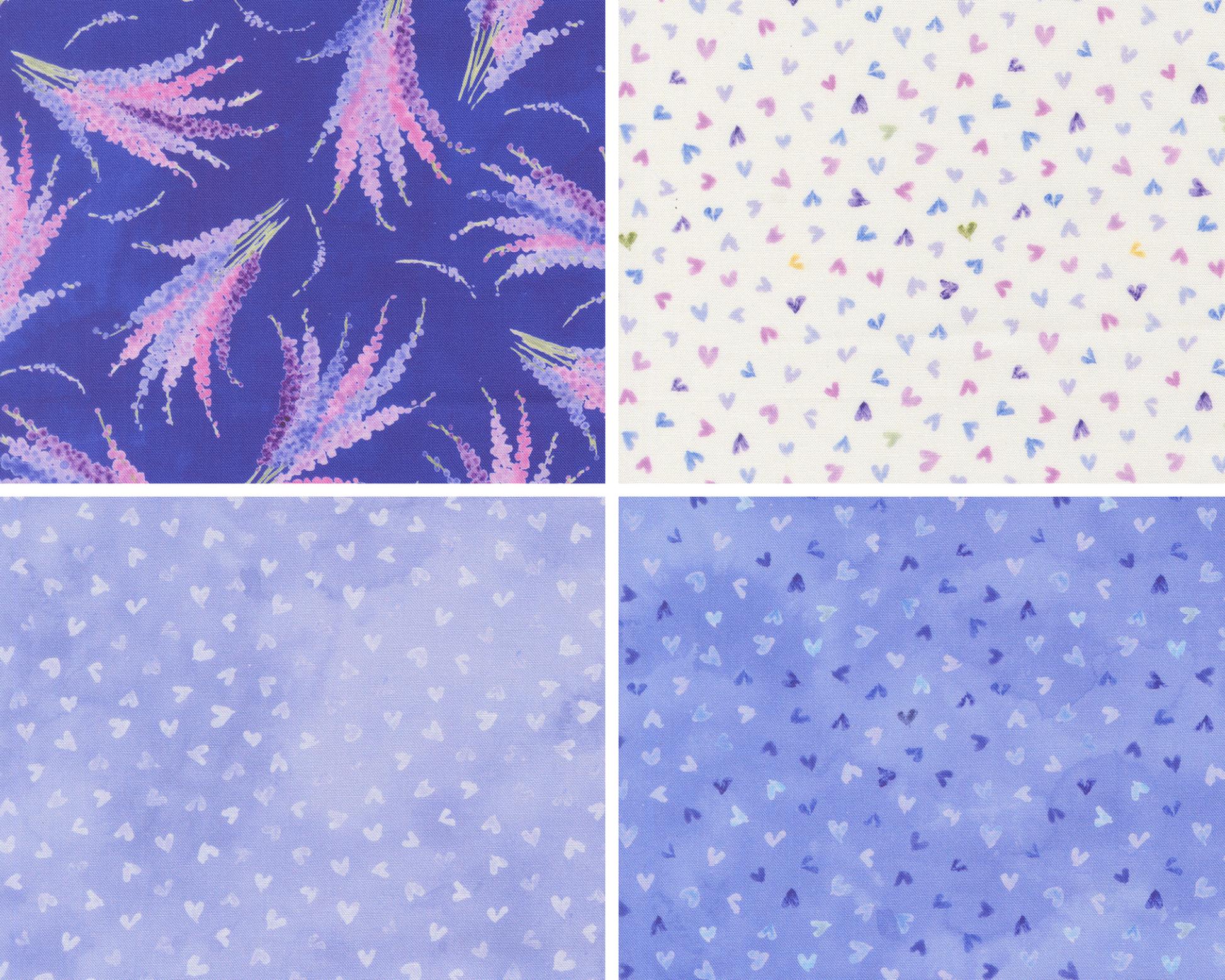 Four different patterns of florals and hearts on blue and white backgrounds.