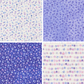 Four different patterns of floral and abstract designs in blue and purple.
