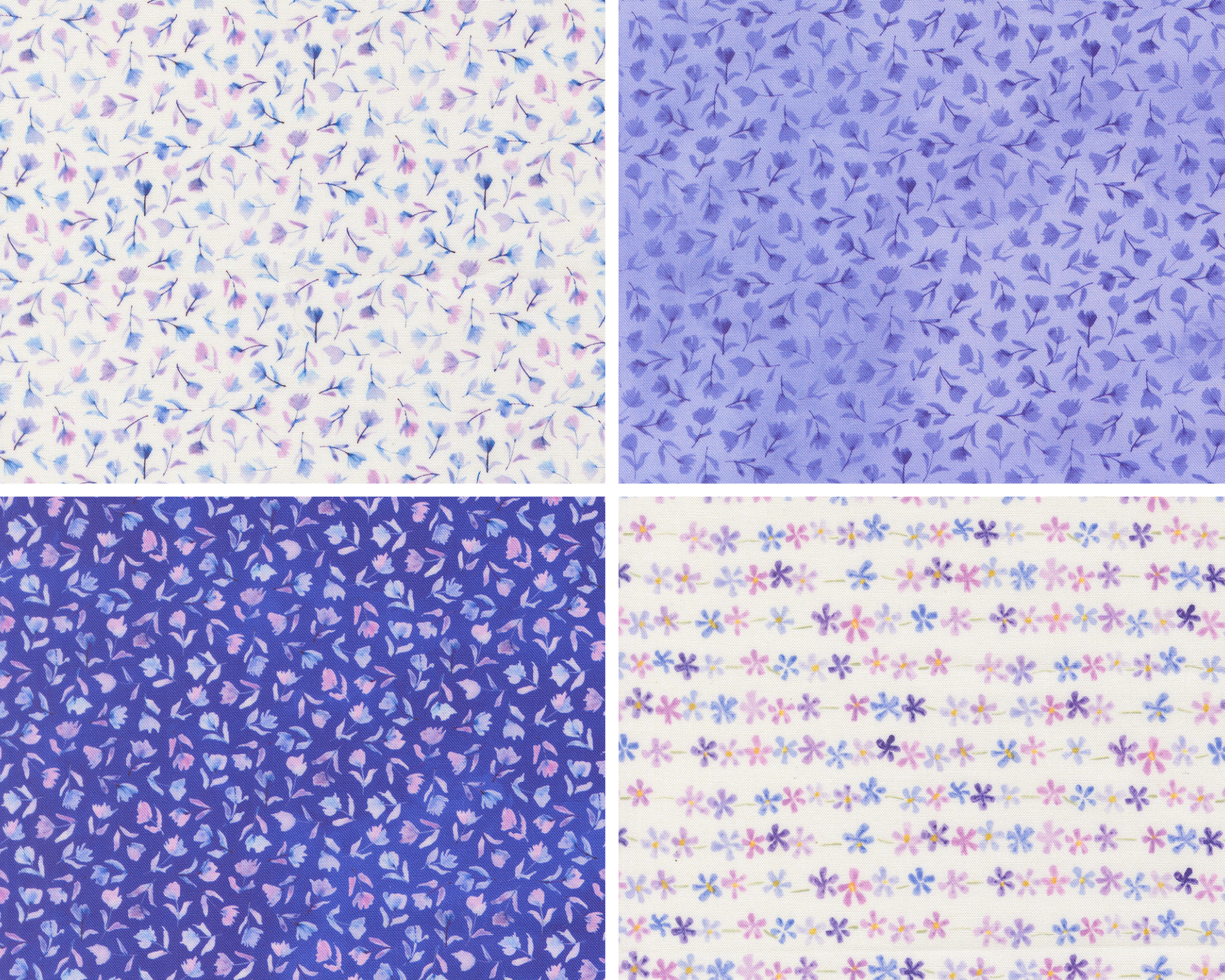 Four different patterns of floral and abstract designs in blue and purple.