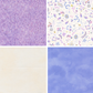 Four different fabric swatches in purple, floral, beige, and blue.