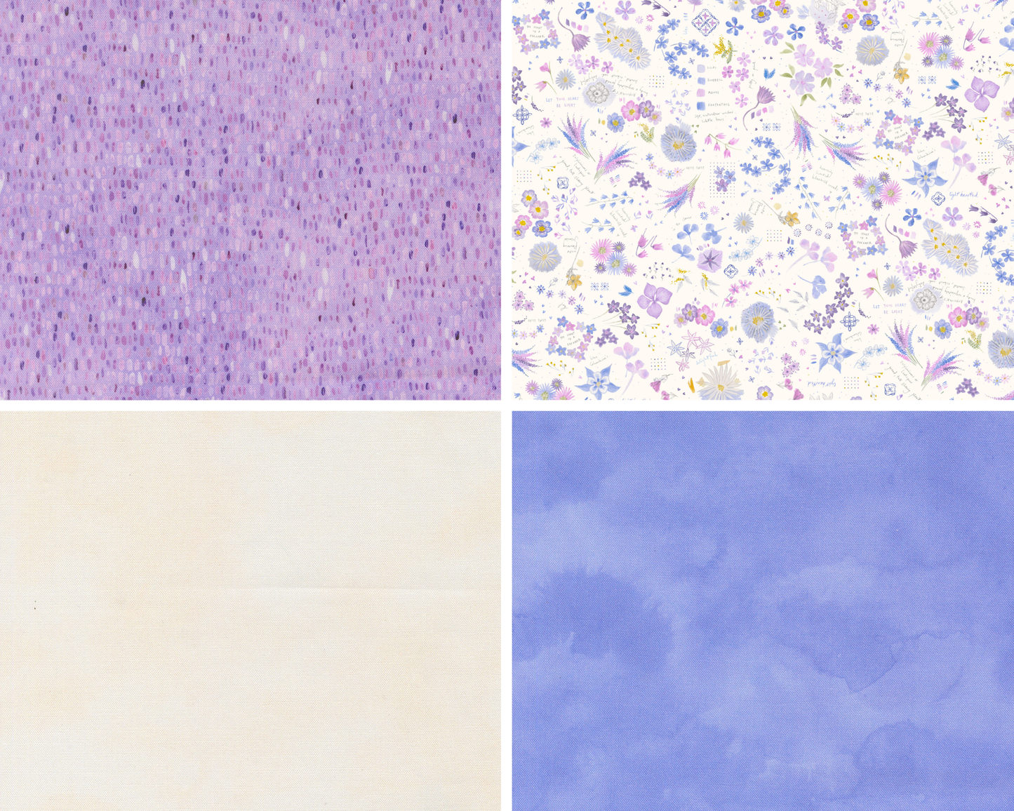Four different fabric swatches in purple, floral, beige, and blue.
