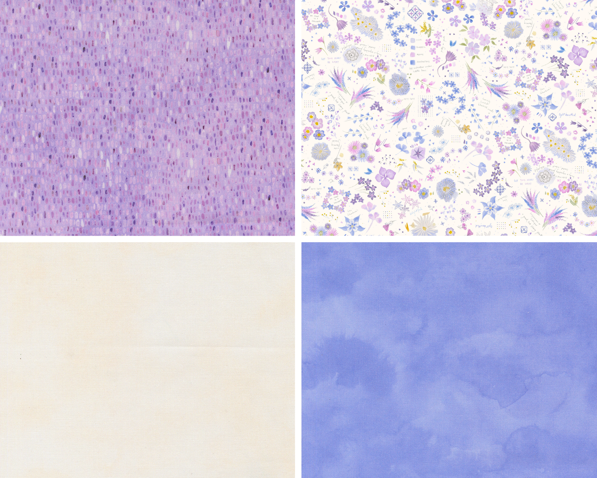 Four different fabric swatches in purple, floral, beige, and blue.
