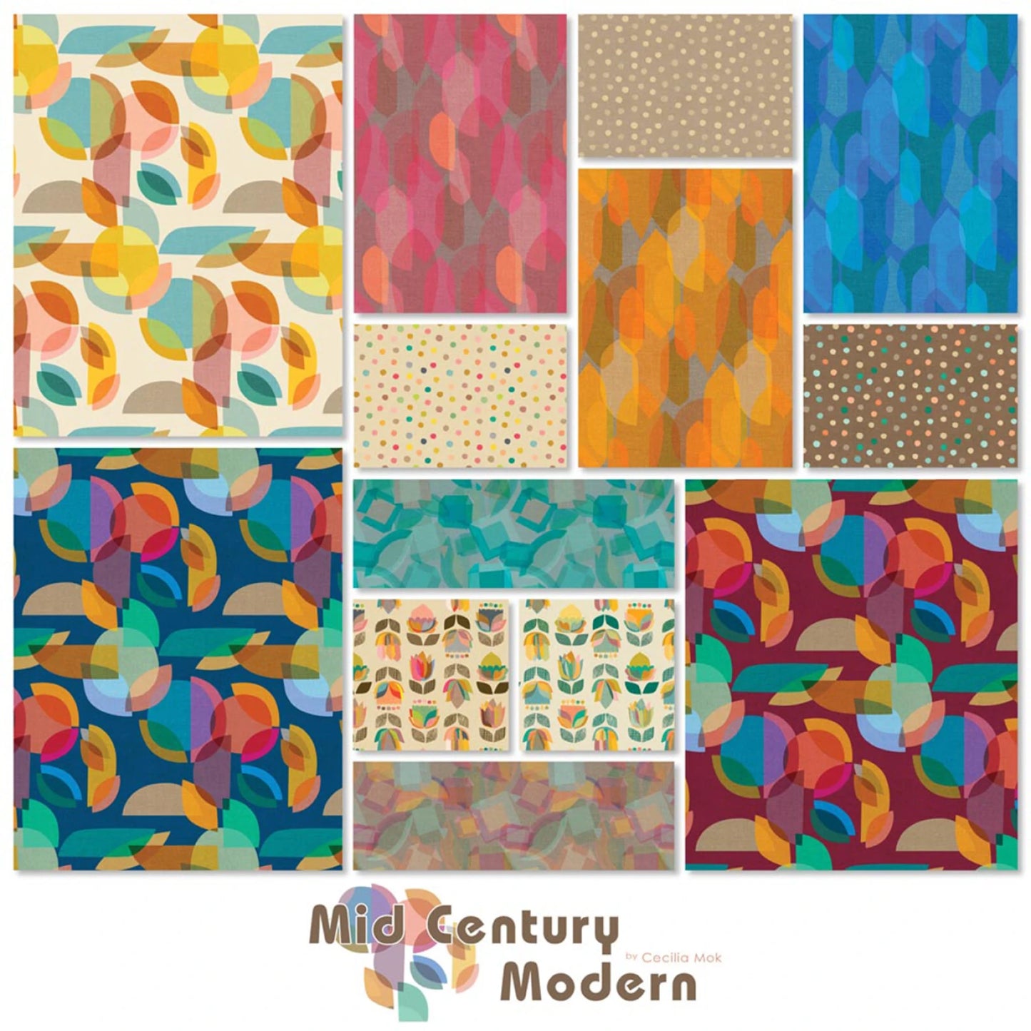 Collection of colorful mid-century modern patterns on a white background with 'Mid-Century Modern' branding.
