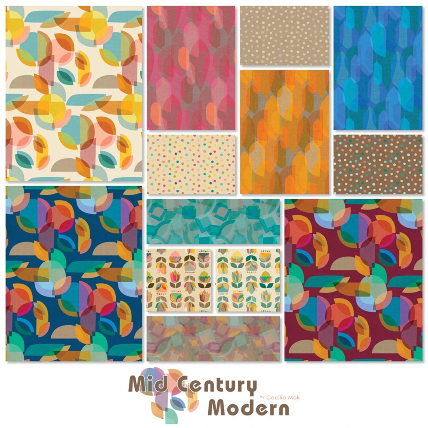 Collection of colorful mid-century modern patterns on a white background with 'Mid-Century Modern' branding.