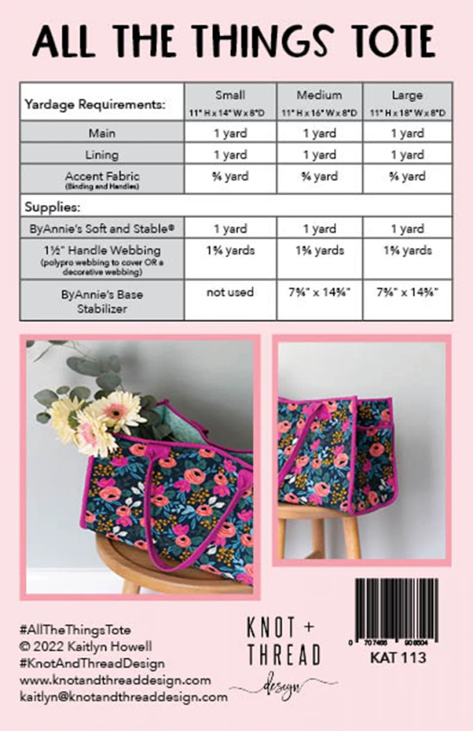 Back of Pattern for 'All The Things Tote' with yardage requirements and supplies listed, featuring a floral tote bag.