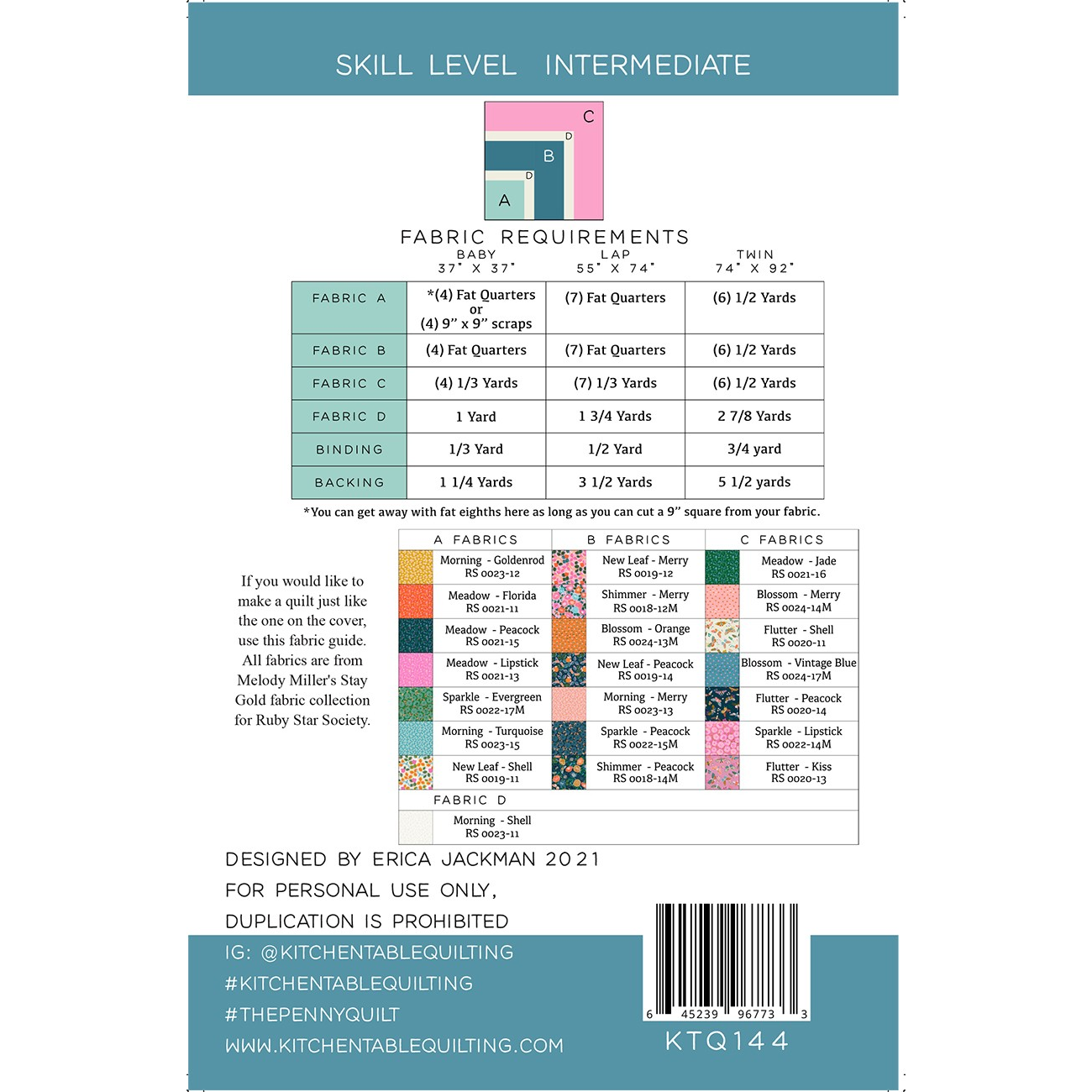 Fabric Requirement Page for the Penny Quilt By Kitchen Table Quilting